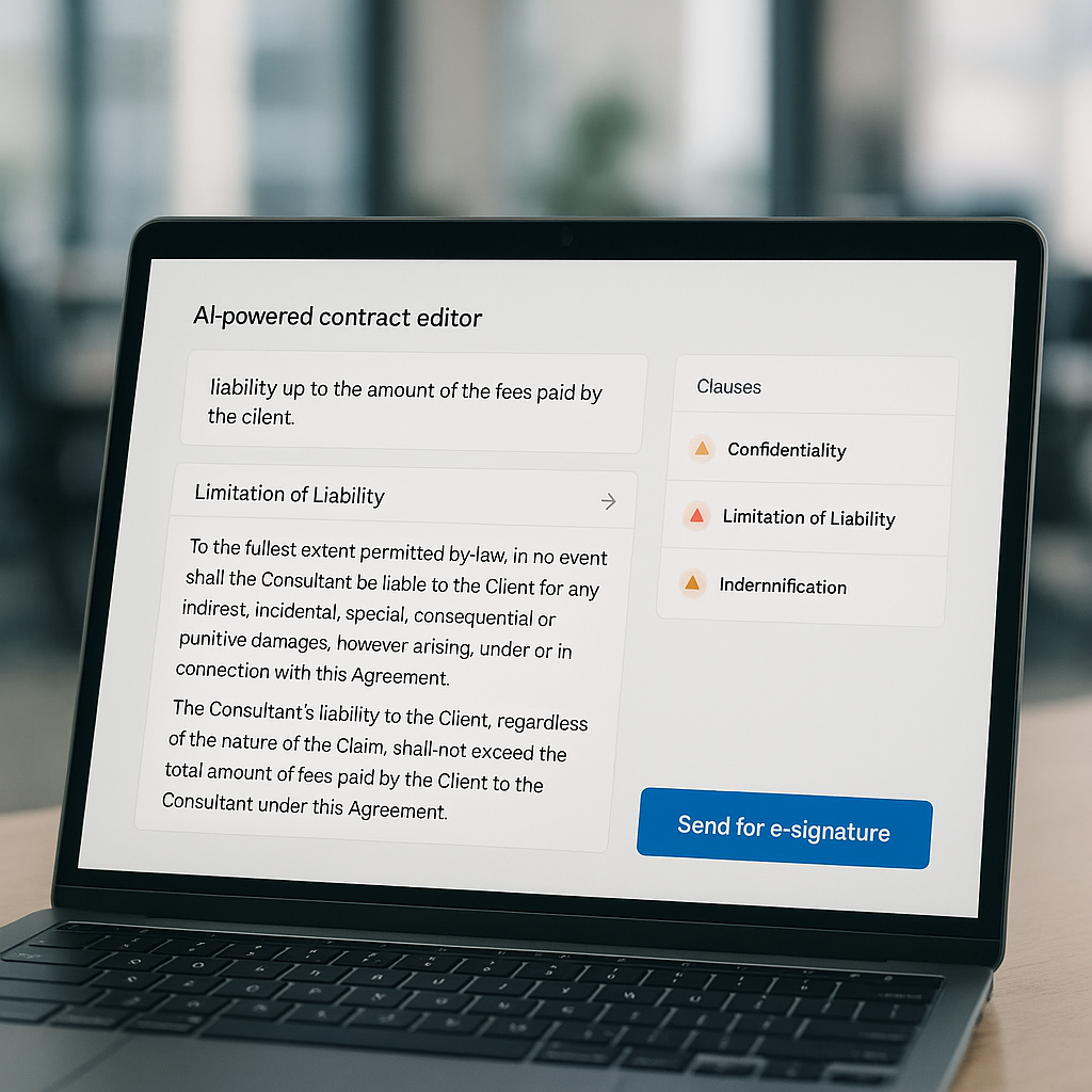 Close-up of AI contract editor on laptop auto-completing legal text with clause risk flags and “Send for e-signature” button