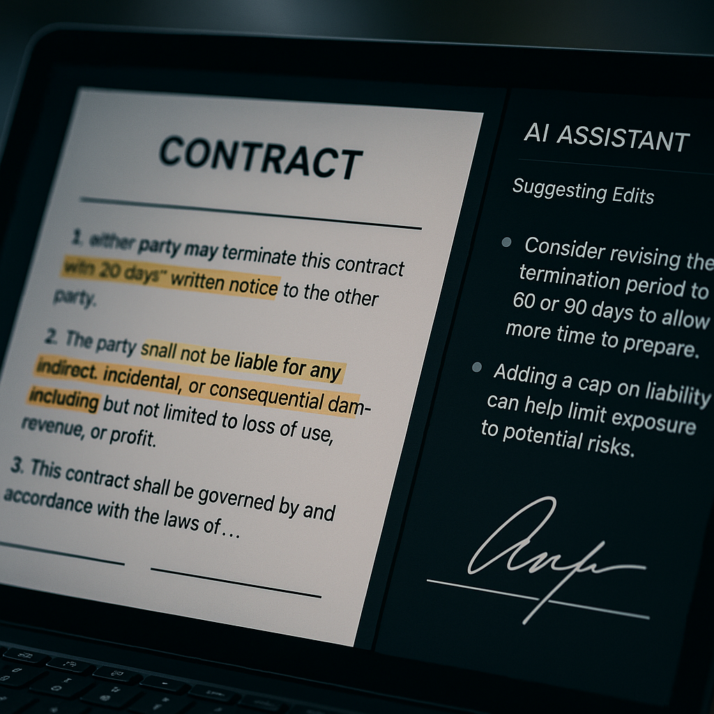 Close-up of digital e-signature contract on laptop with AI assistant sidebar suggesting edits, highlighting efficiency and le