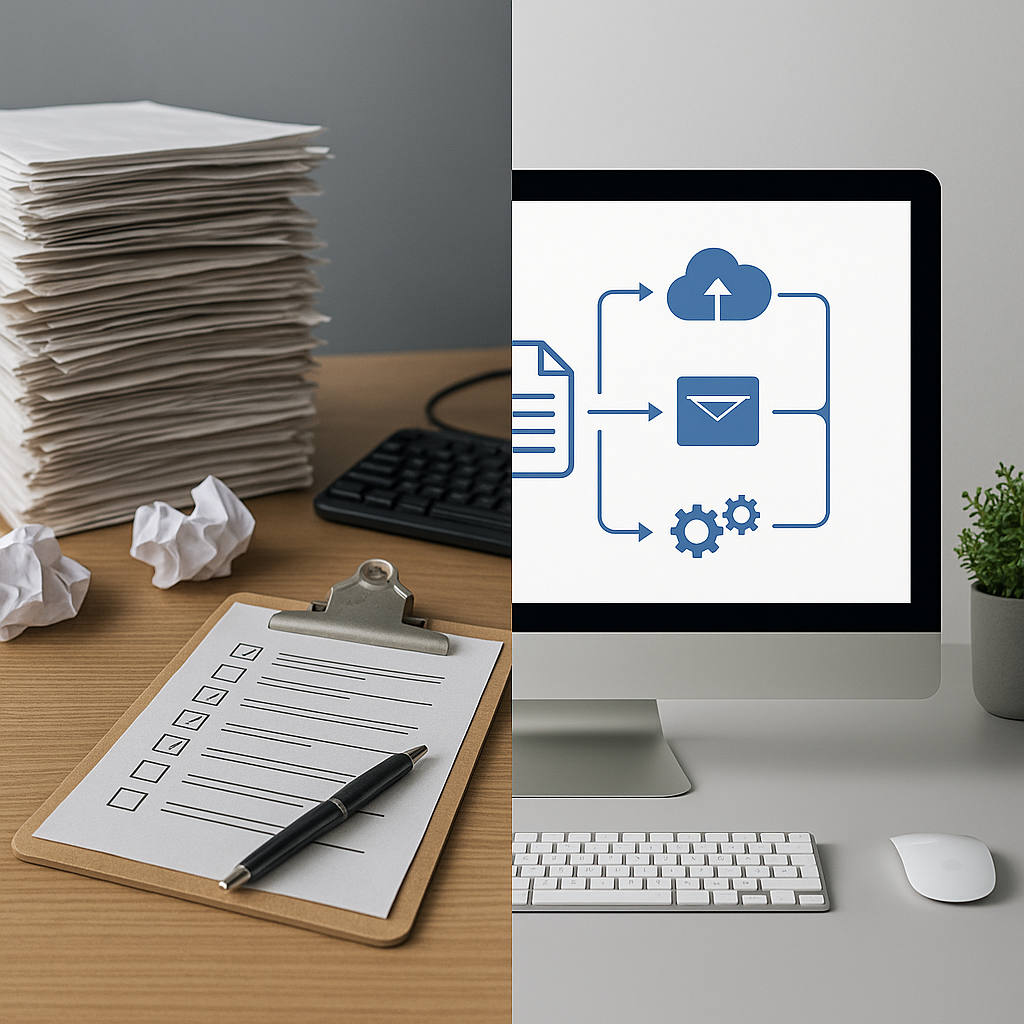 Split-screen of cluttered paper-filled desk vs sleek digital workspace with automated document workflow diagram, showing manu