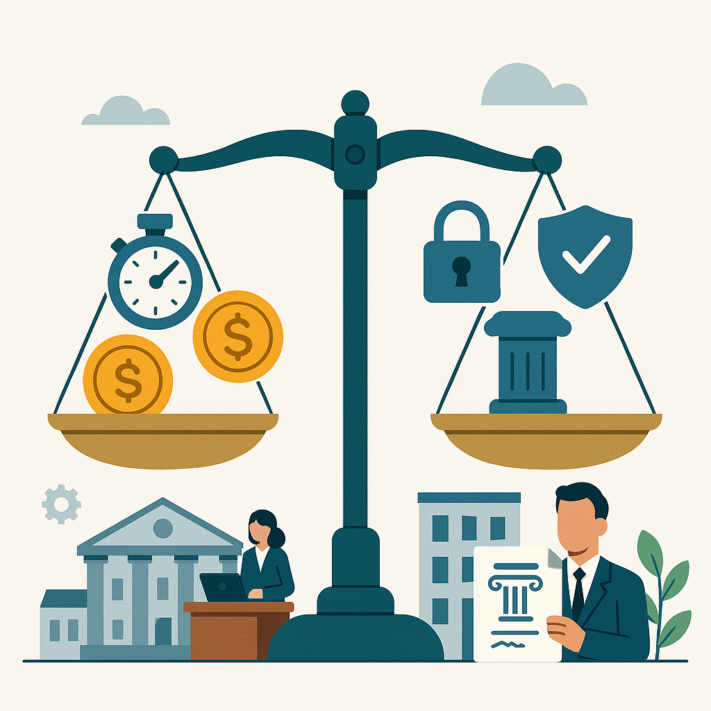 Vector illustration of generative AI in law: scales balancing speed, affordability, confidentiality and quality, with small b