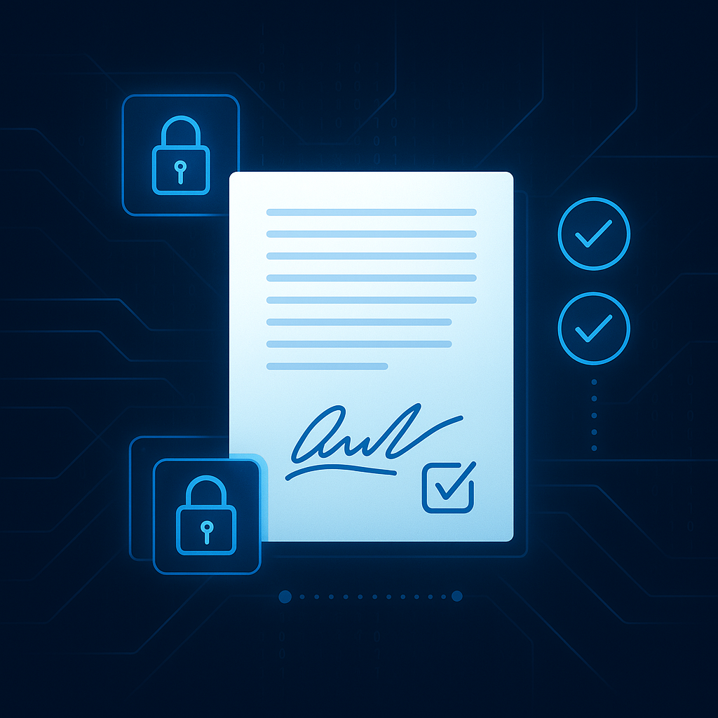 Conceptual illustration of secure digital signing with e-signed contract, encryption icons, audit trail, identity checks on d