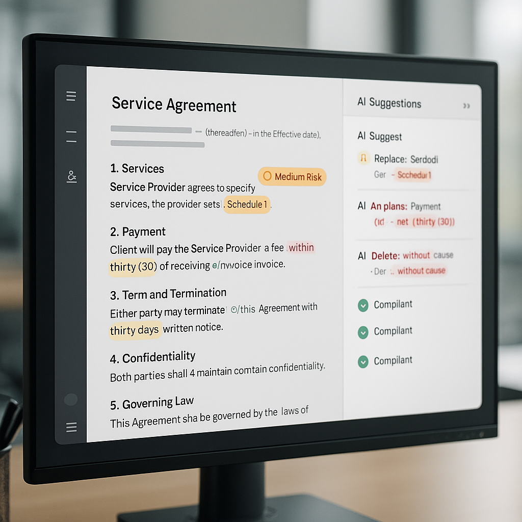 Close-up of AI-powered contract management dashboard with highlighted clauses, redlines, risk scores, and compliance icons on