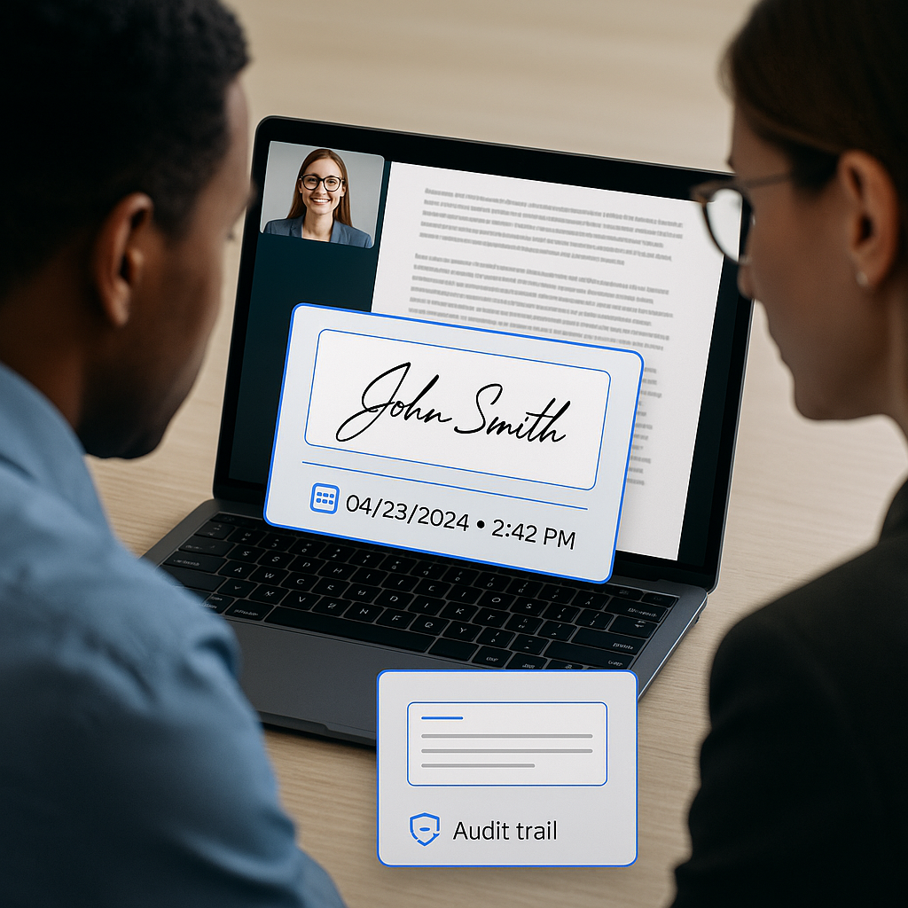 High-angle close-up of remote teammates on video call reviewing shared document with e-signature fields, timestamps and audit