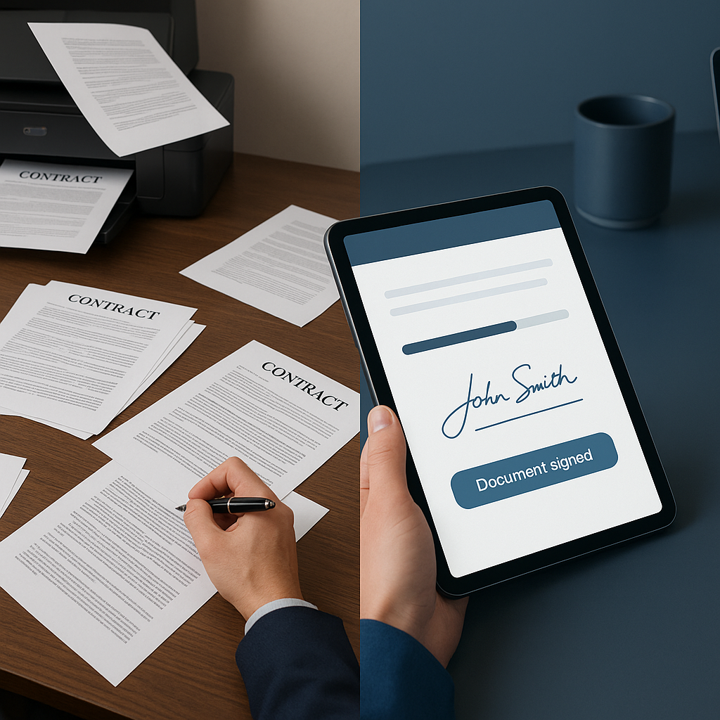Split-screen of cluttered paper-based contract signing versus modern digital e-signature workflow on tablet in sleek corporat