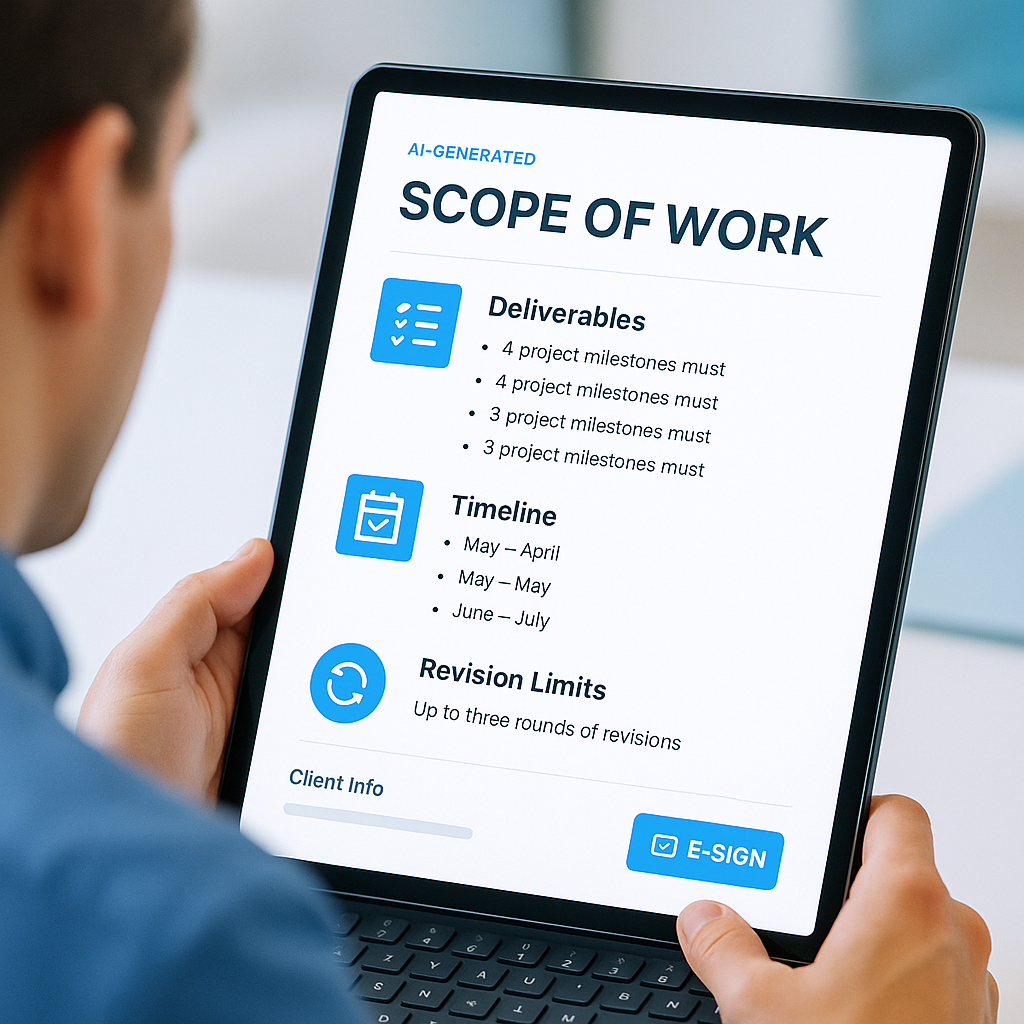 Freelancer reviewing AI-generated scope of work on tablet with deliverables, timelines, revision limits, client info icons an