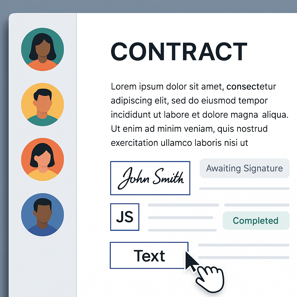 Close-up of SaaS e-signature dashboard showing digital contract, draggable signature fields, recipient avatars, and real-time