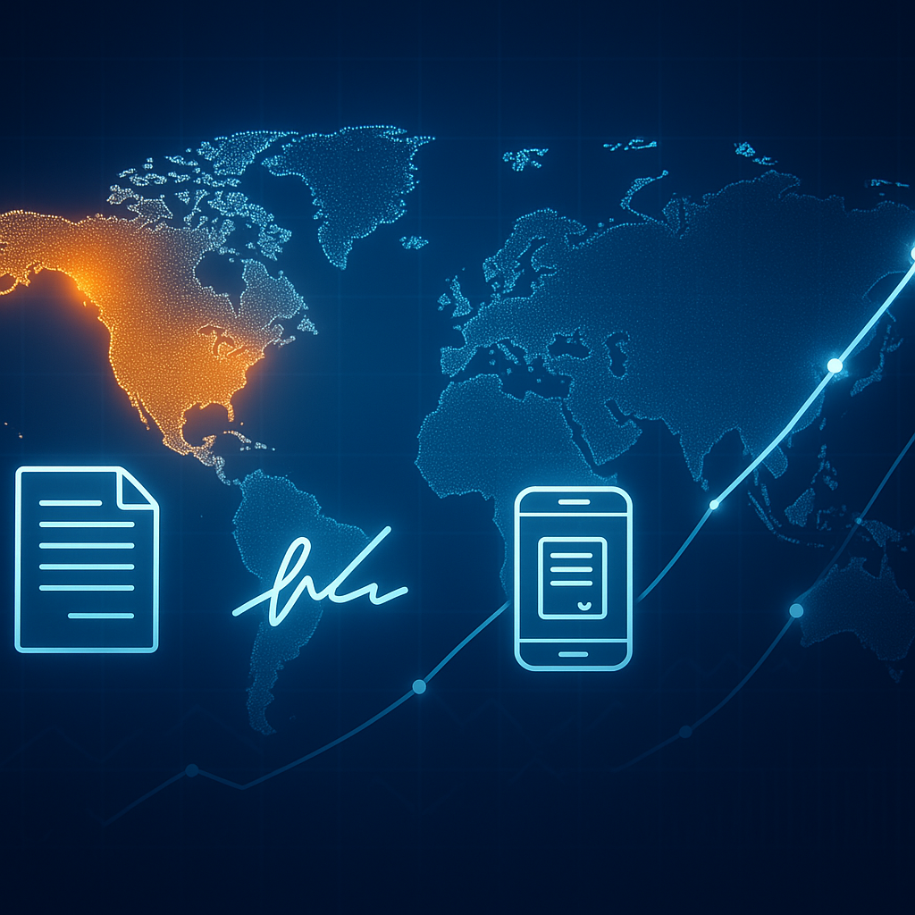 Glowing world map with North America highlighted, digital document and e-signature icons, and rising data lines showing $12B+
