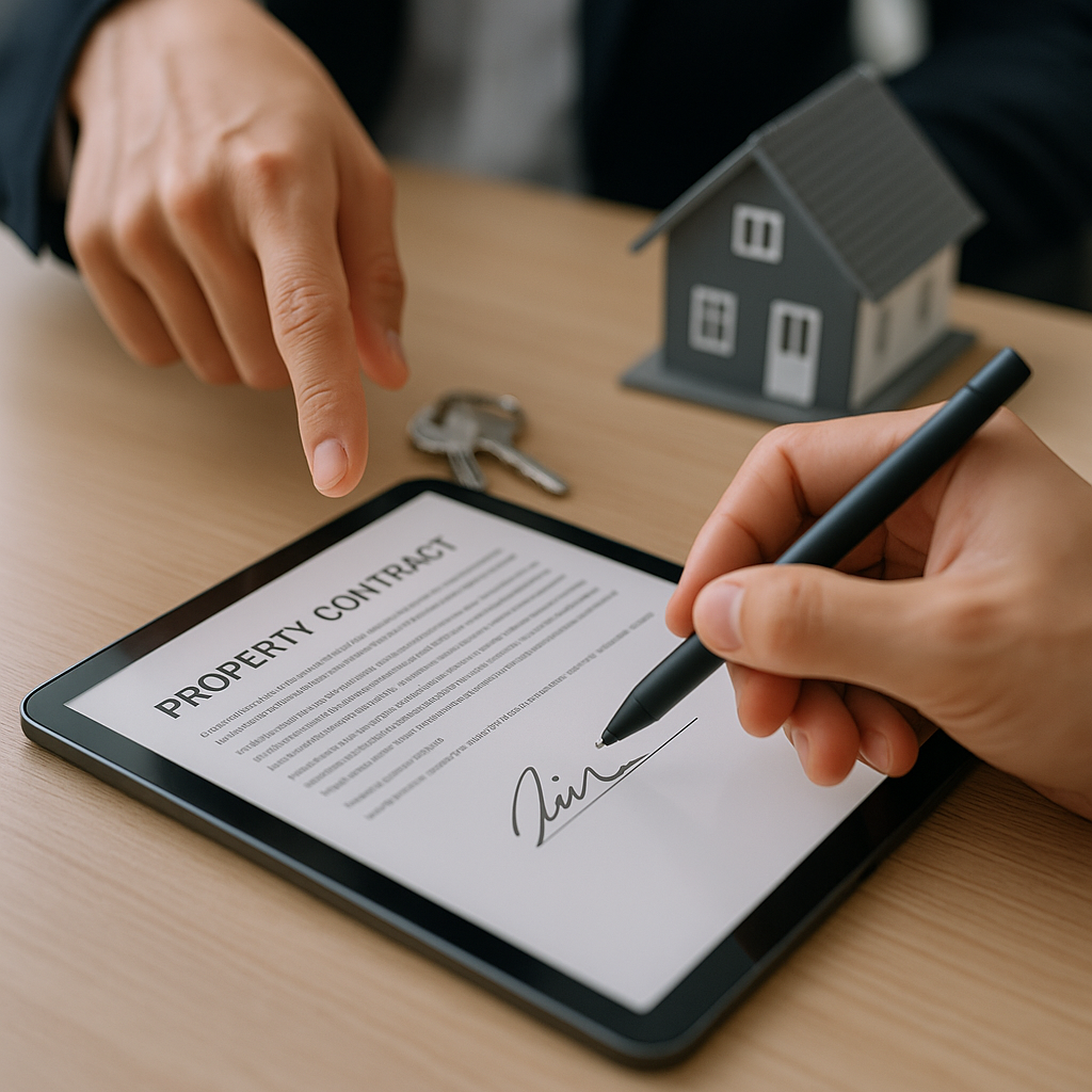 Close-up of digital property contract on tablet with e-signature, realtor pointing to clause, house keys and mini home model 
