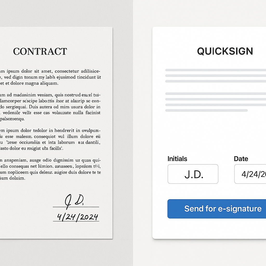 Side-by-side image of cluttered paper contract vs sleek QuickSign digital interface with initials, date fields, and Send for