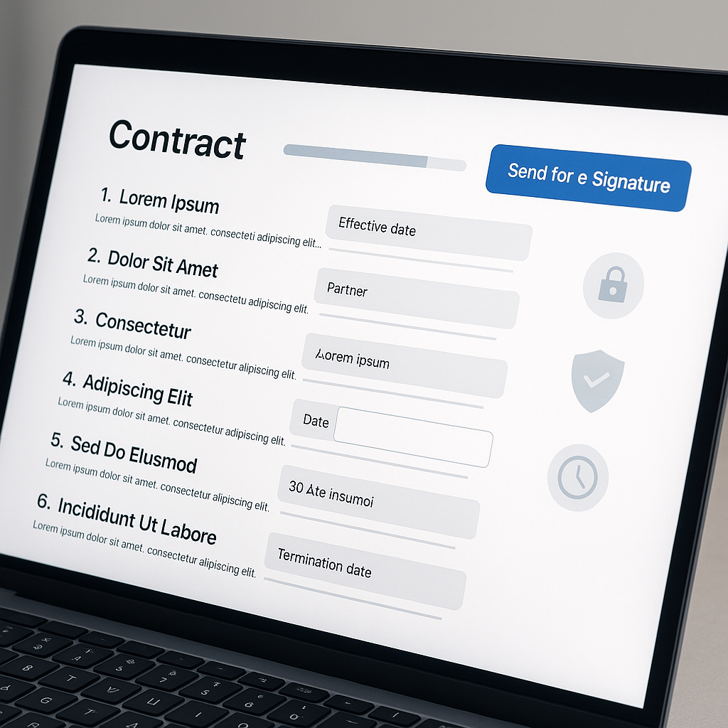 Close-up of AI contract generator app on laptop with auto-filled clauses, progress bar, “Send for e‑Signature” button and sec