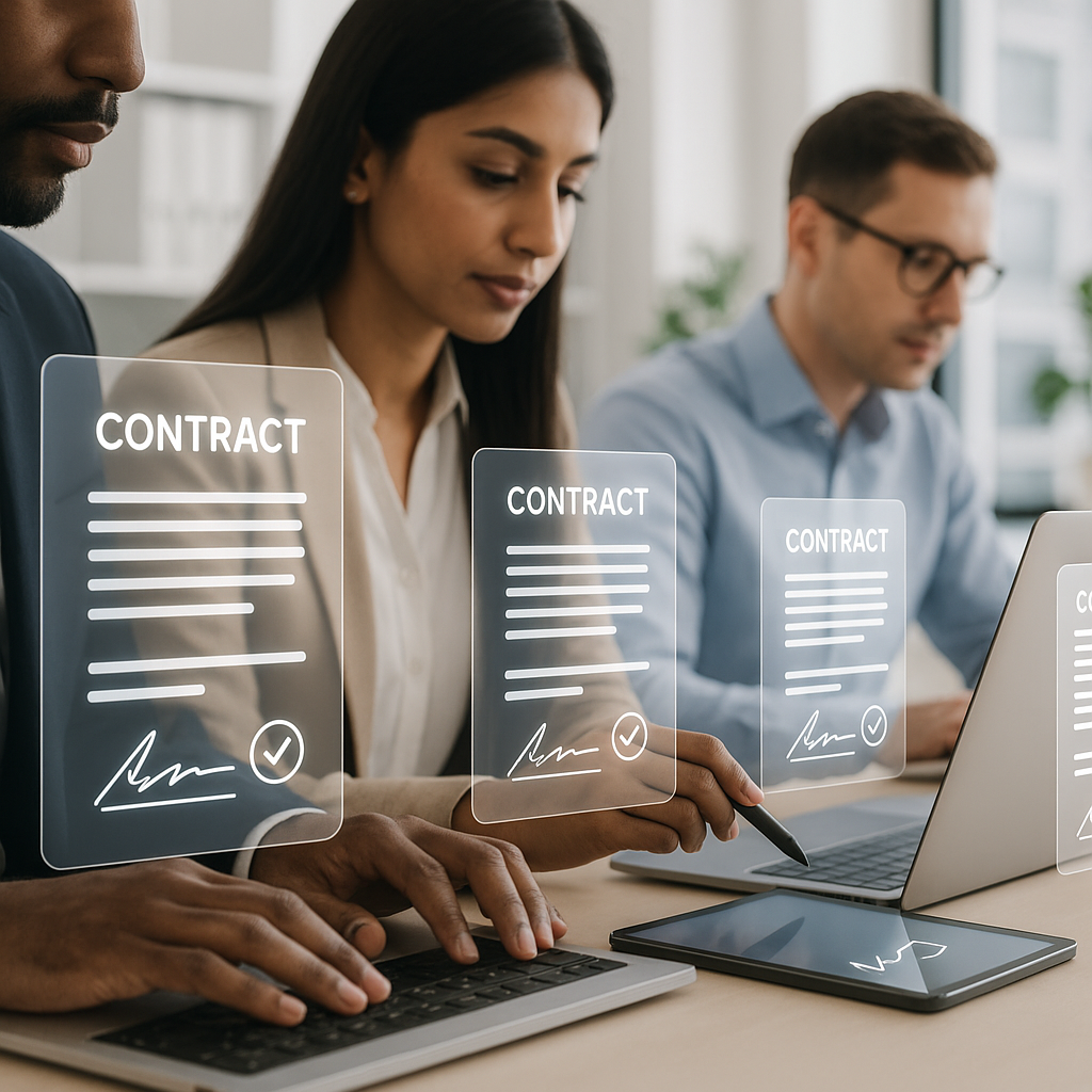 Close-up of diverse office professionals using e-signature software on laptops and tablets with holographic contracts for sec