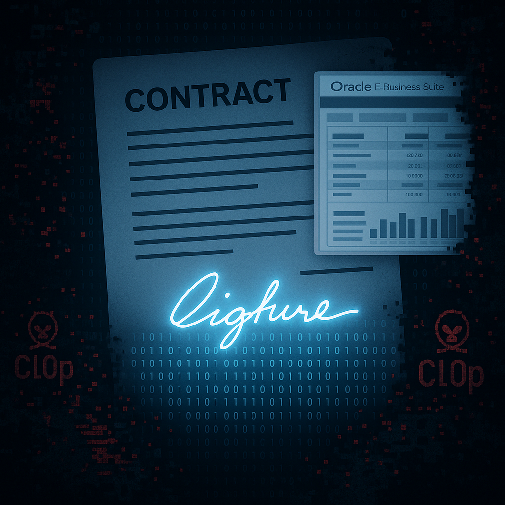 Illustration of Oracle E‑Business Suite e‑signed contract and financial data corrupted by Cl0p ransomware code and binary cyb