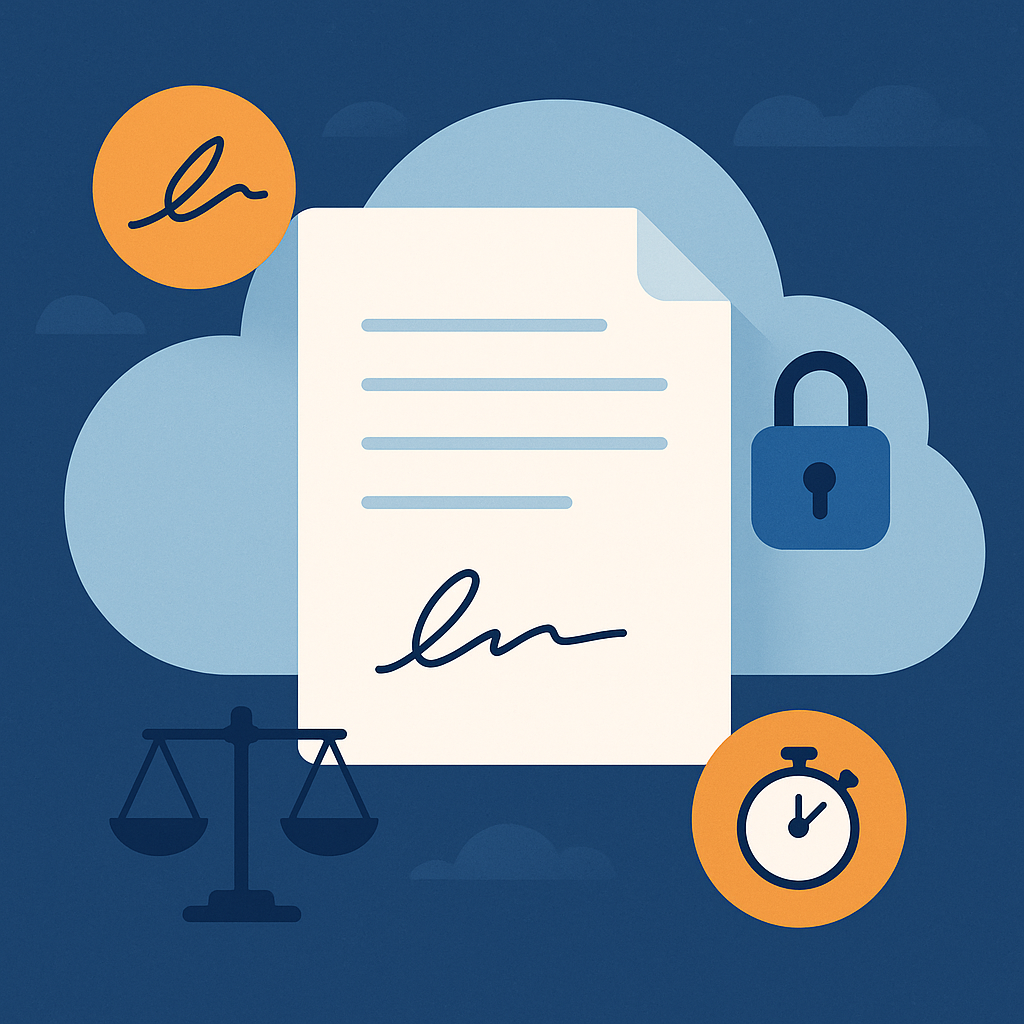 Abstract illustration of a secure cloud e-signature document with lock, legal scales, and clock icons symbolizing speed, secu