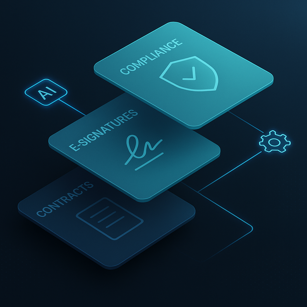 Abstract illustration of lean legal tech stack with layered tiles for contracts, e‑signatures, compliance and AI automation i
