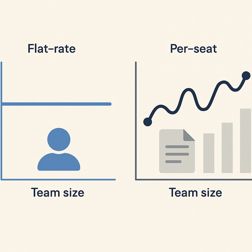 Abstract graphic comparing flat-rate vs per-seat pricing with line and bar charts for team size and monthly spend in blue pal
