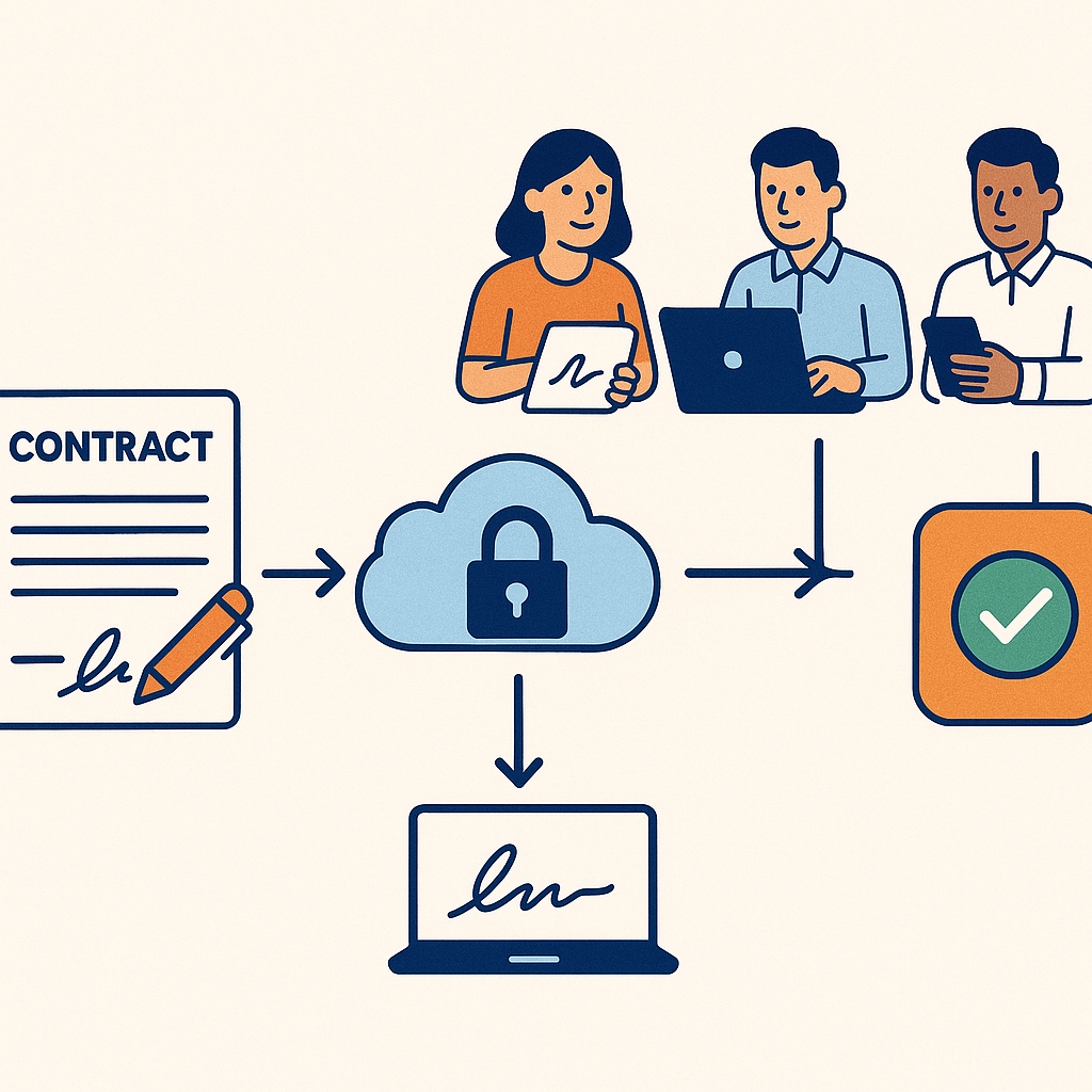Flat workflow illustration of contract creation to remote e-signature, cloud storage, compliance checks, and final approved s