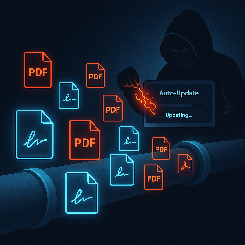 Conceptual illustration of digital document signing workflow under cyberattack, with shadowy hacker injecting malicious code 