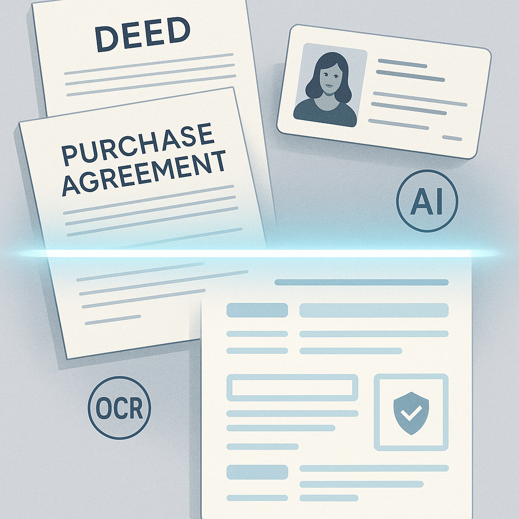 Close-up of real estate closing documents scanned into digital data fields with AI and OCR icons indicating verifiable creden