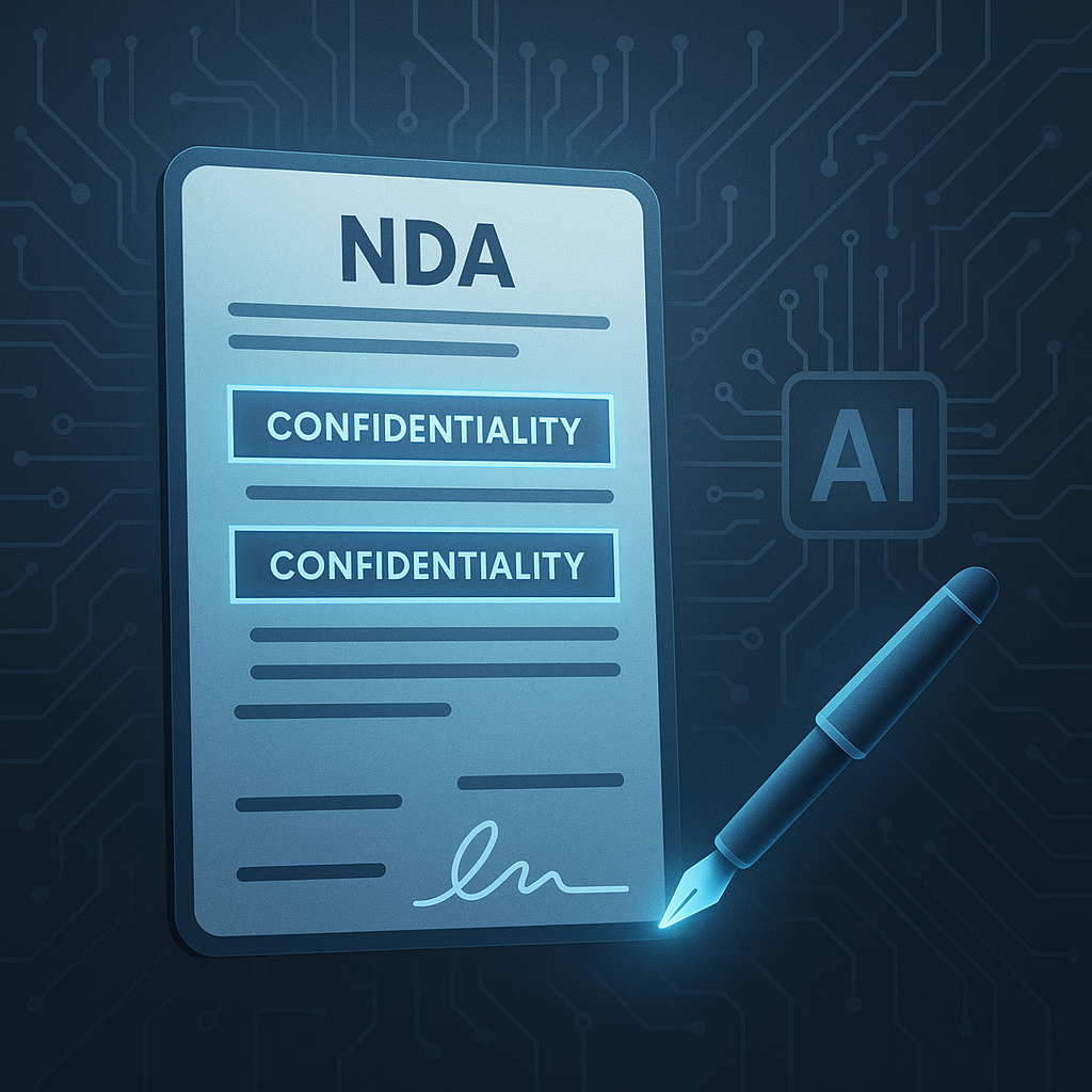 Abstract illustration of AI-powered NDA automation with digital confidentiality clauses and glowing e-signature over circuit-