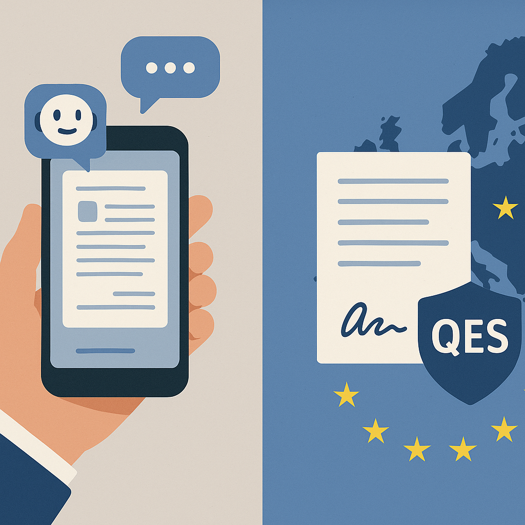 Split-screen illustration of AI contract review on mobile and secure EU QES e-signature flow with European flag and map in fl
