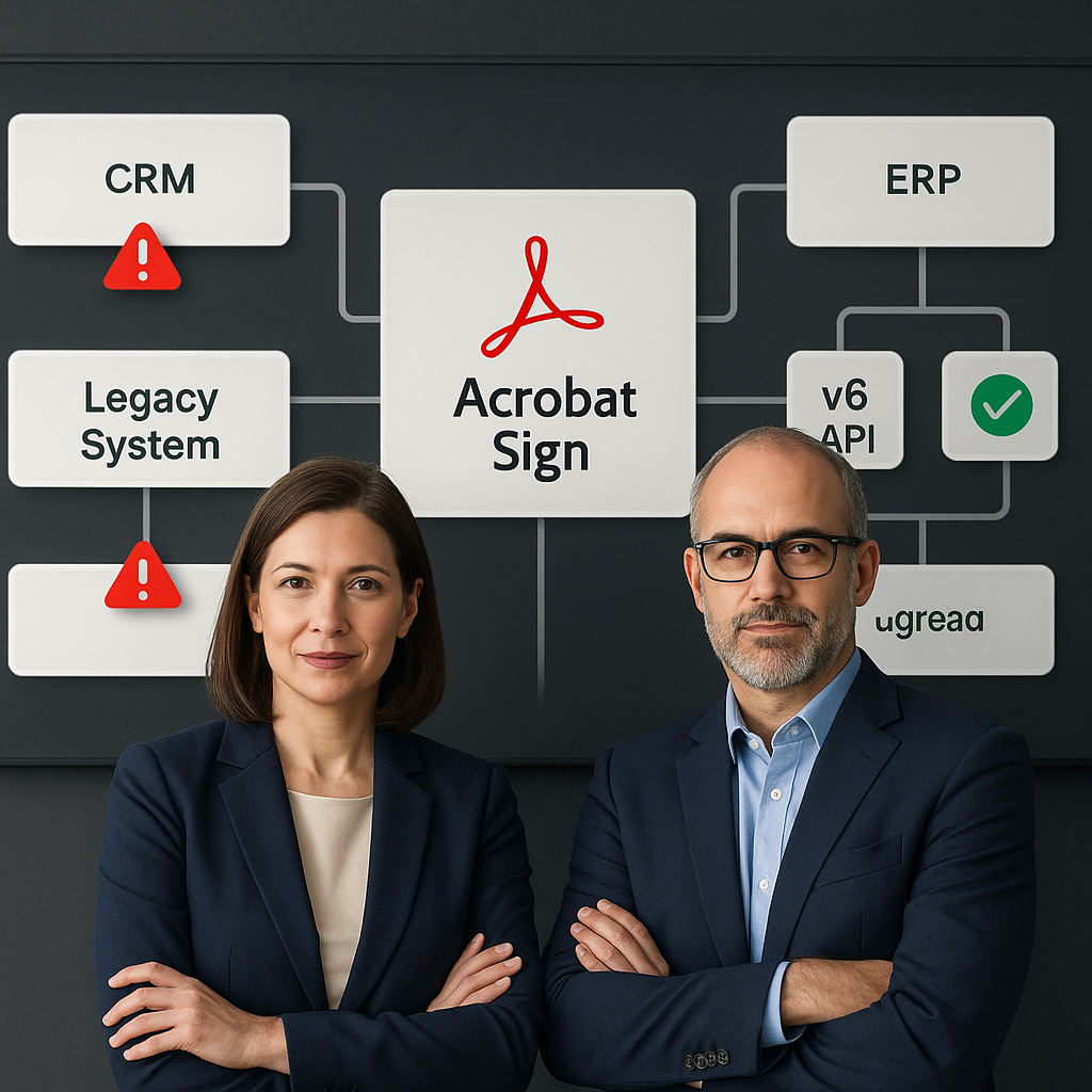 Business leader CIO before digital dashboard of enterprise systems integrated with Adobe Acrobat Sign, red alerts on legacy l