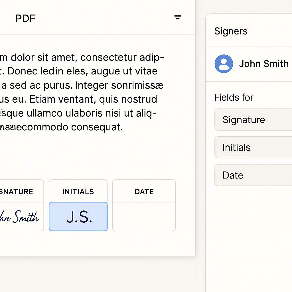 Close-up UI mockup of PDF e-signature editor showing signature, initials, date fields and signer assignment sidebar in profes