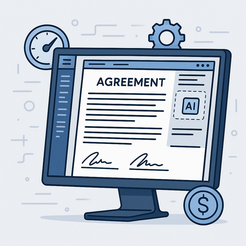 Close-up of AI contract editor on computer screen auto-generating agreement with e-signature fields and icons for speed, auto