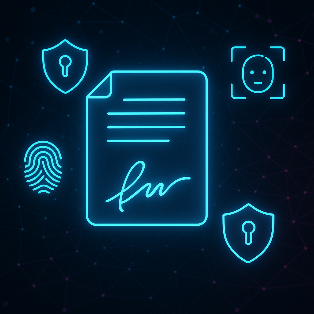 Conceptual illustration of secure e‑signature with glowing document, shields, biometrics, and cybersecurity network icons on 