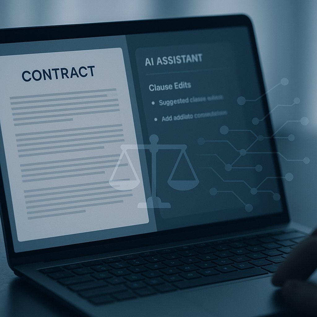 Close-up of laptop showing contract and AI assistant suggesting clause edits, with justice scales and neural network icons in