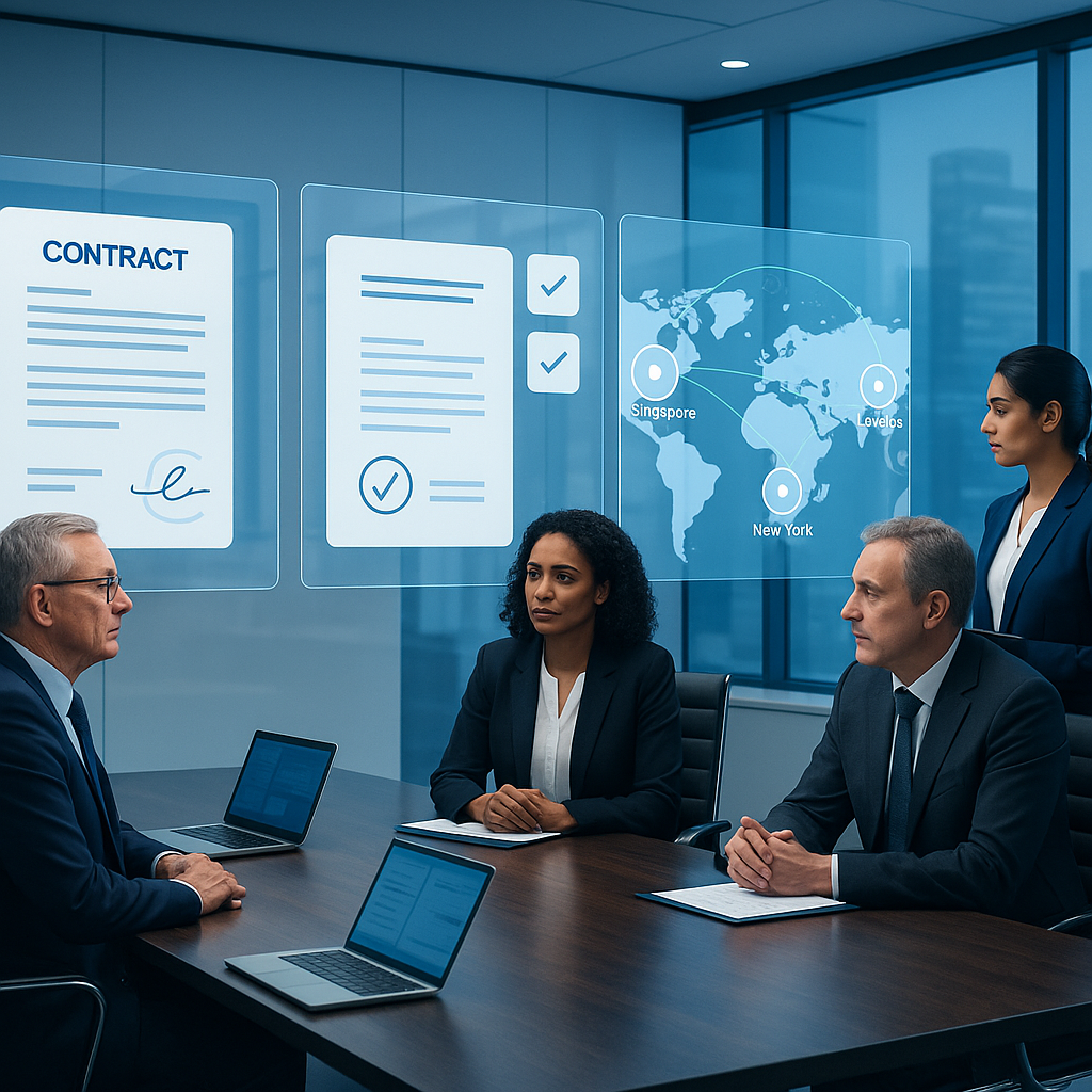 Global bank executives reviewing digital contracts on transparent screens showing e‑signatures, compliance checks, and links 