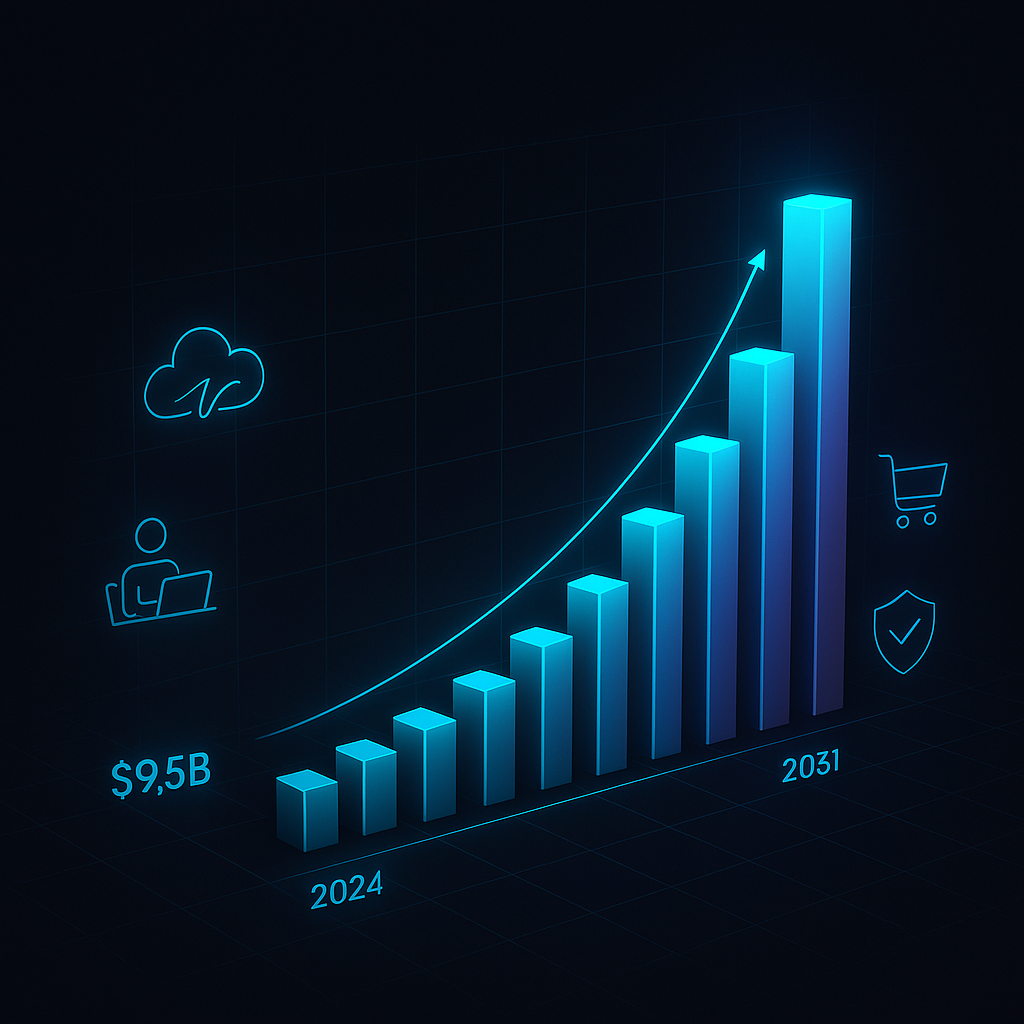 3D neon chart showing digital signature market growth from $9.5B in 2024 to $70B+ in 2031 with cloud, remote work, ecommerce,