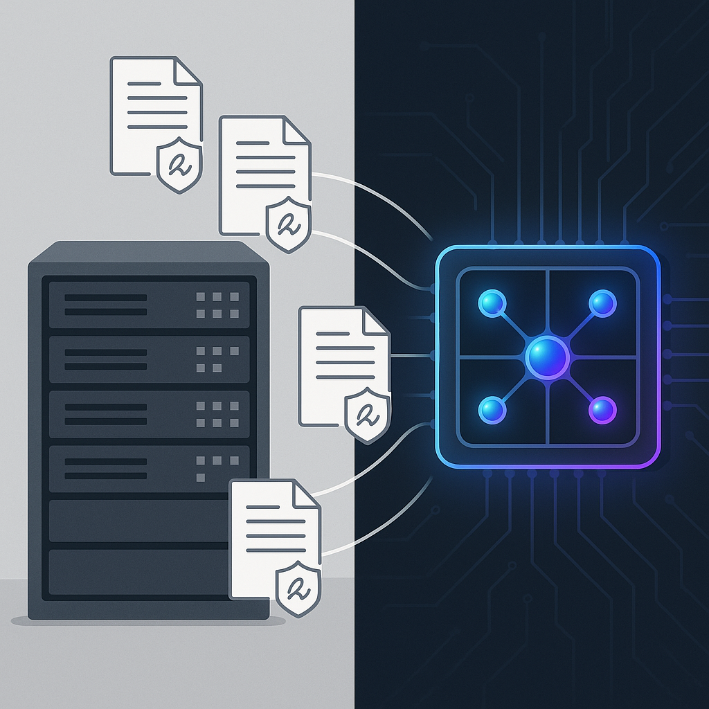 Split‑screen infographic showing classic server rack and futuristic quantum processor with neon qubits, secure digital signat
