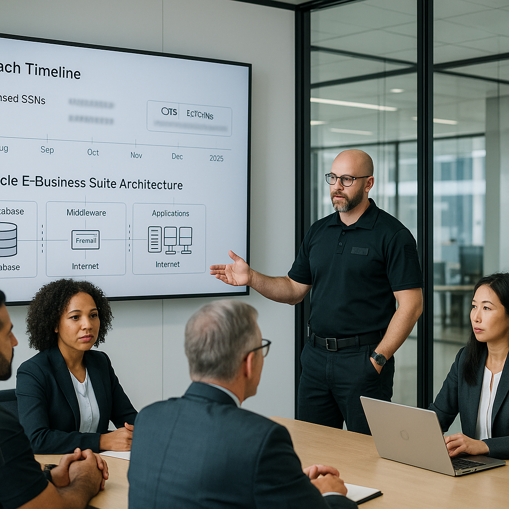 Diverse auto parts corporate team reviews breach timeline and blurred SSNs on large screen, discussing Oracle E-Business Suit