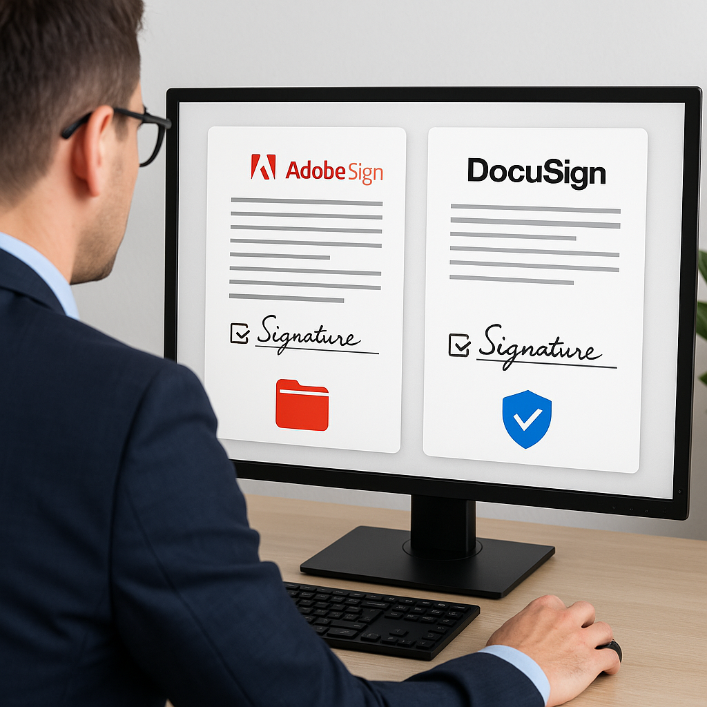 Close-up of admin at computer managing e-signed documents, archiving Adobe Sign and activating DocuSign in a secure compliant