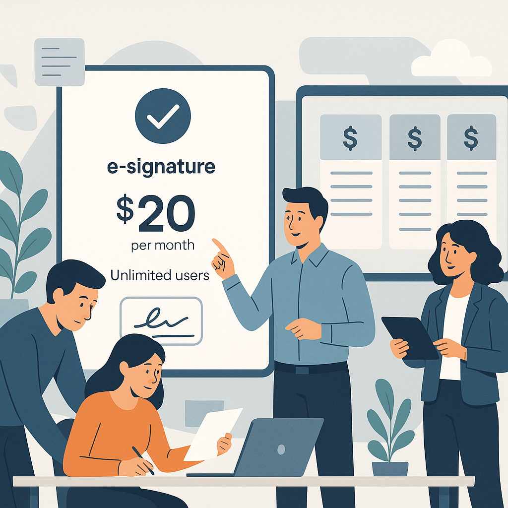Team collaborating around e-signature pricing, contrasting simple flat monthly plan vs complex tiered table for clear, predic