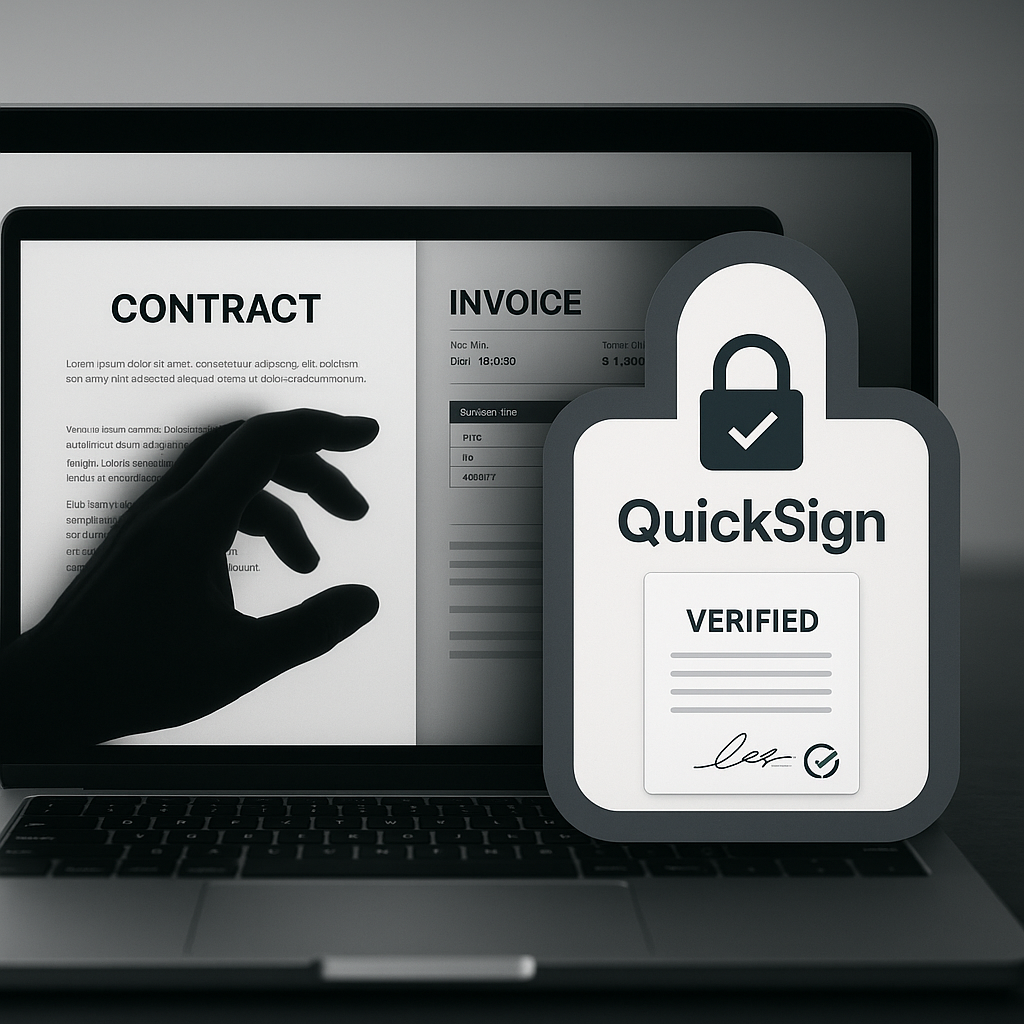 Close-up of tampered digital contract on laptop beside secure QuickSign lock overlay, contrasting vulnerable PDFs with protec