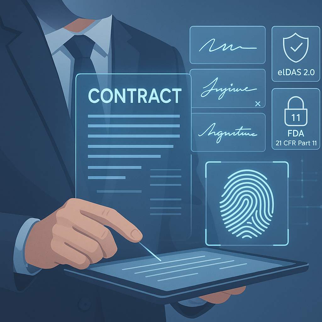 Business executive reviewing digital contract on tablet with AI signature comparisons, biometric overlays, and eIDAS 2.0, FDA