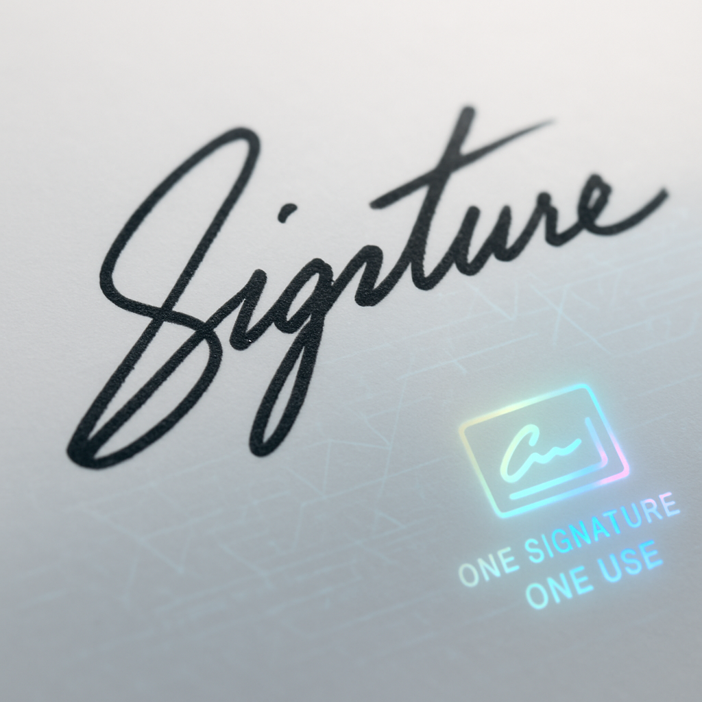 Close-up of a scanned handwritten signature on a digital document with faint geometric watermark patterns and holographic “on