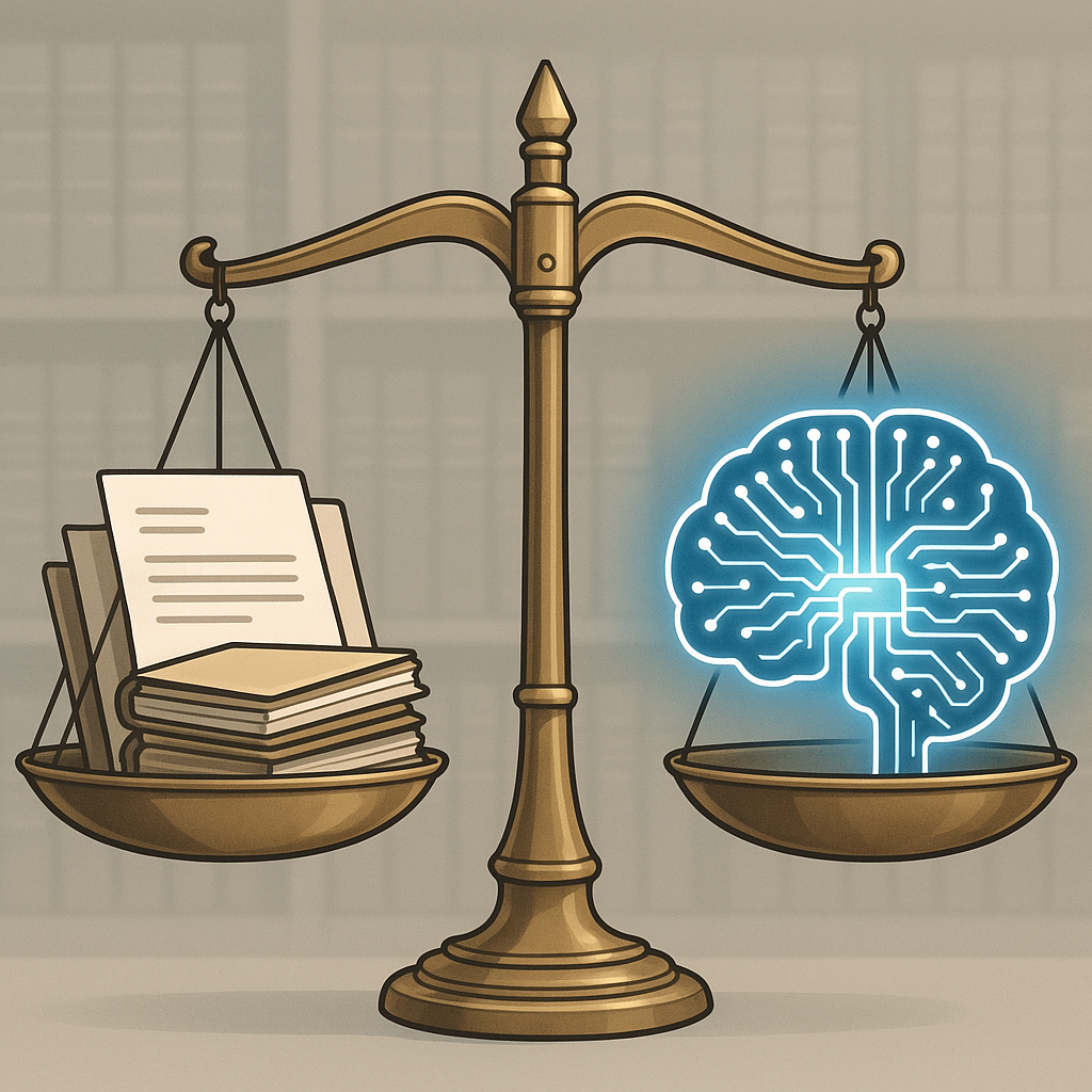 Balanced justice scale with legal documents on one side and glowing AI brain on the other, symbolizing generative AI in small