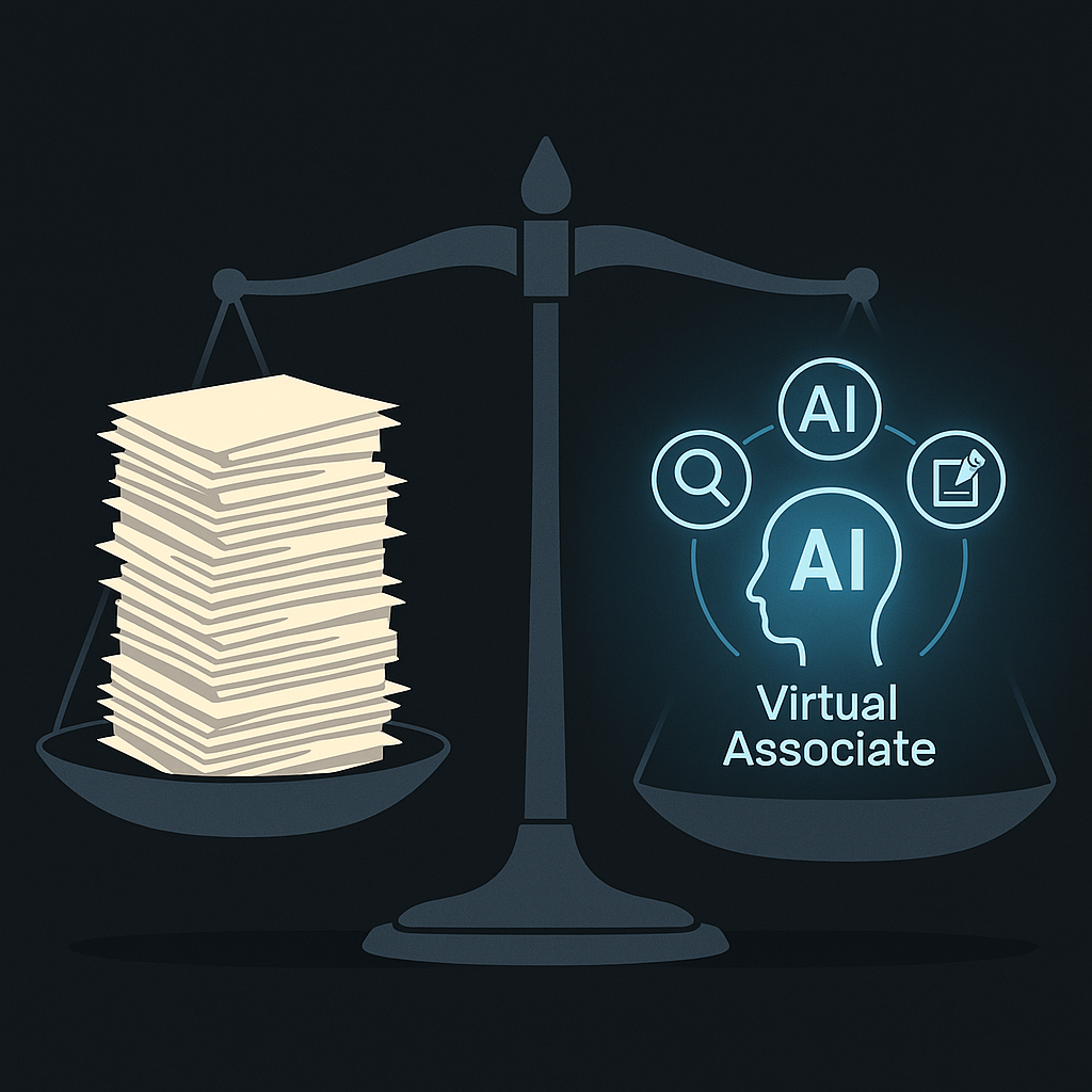 High-contrast flat illustration of legal paperwork vs glowing “Virtual Associate” AI icons on a balance scale for small law f