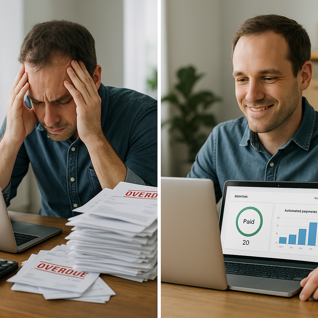 Stressed small business owner at cluttered desk with overdue invoices, contrasted with same owner relieved viewing paid invoi