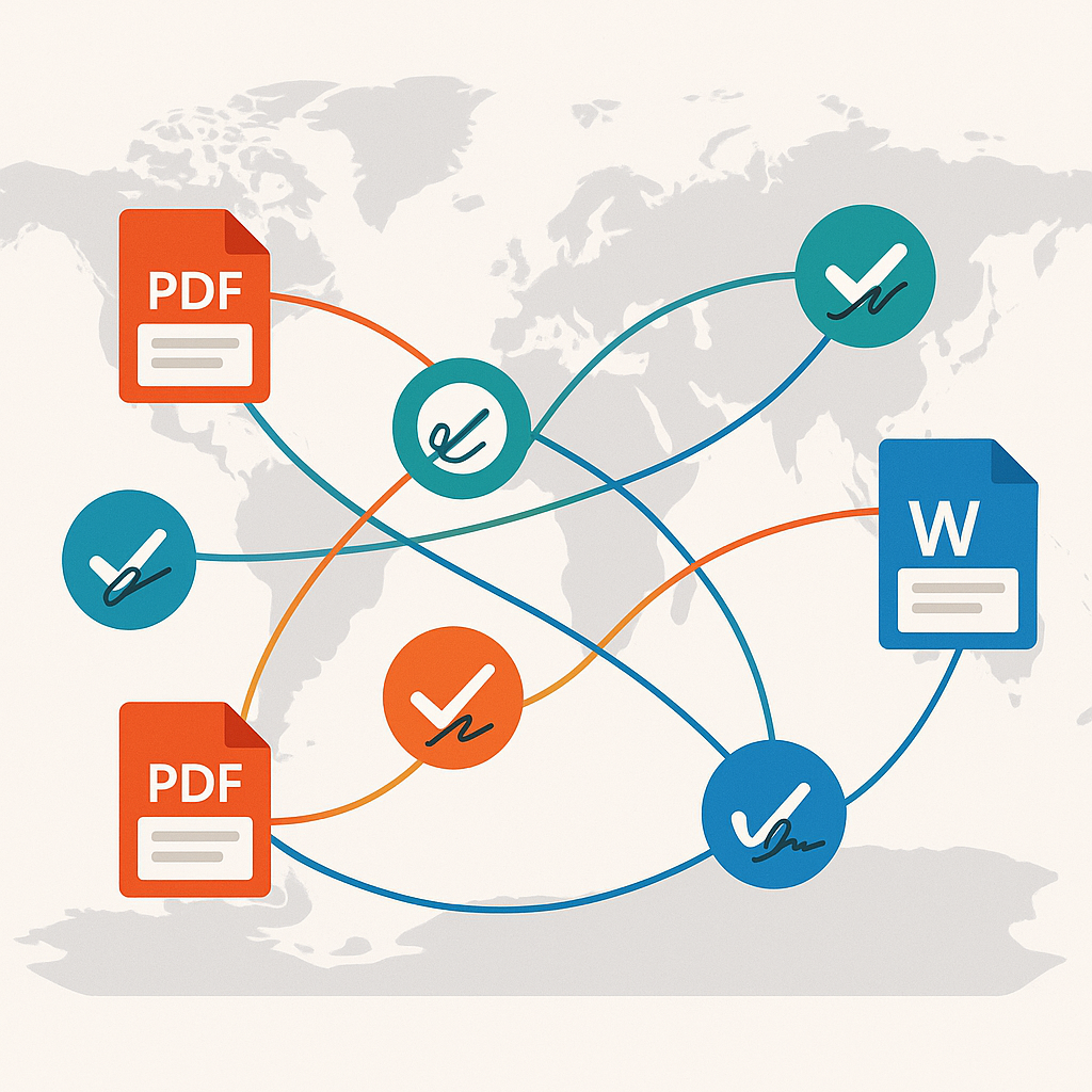 Abstract illustration of global document network with PDF and Word icons, digital signature badges, and Microsoft 365 colors