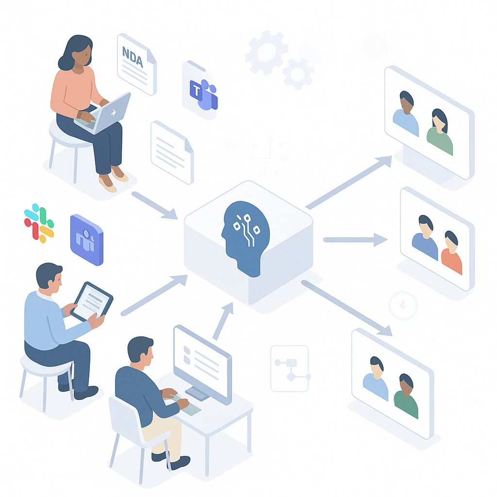 Isometric workflow of AI-powered legal intake routing NDAs and contracts from Slack, Teams, CRM, web form into one automated 