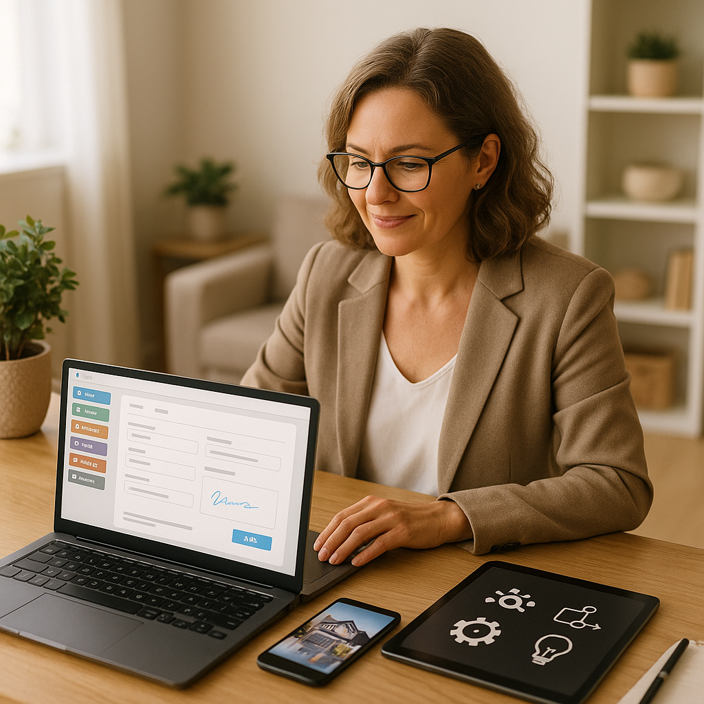 Mid-career independent real estate broker using AI tools at tidy home desk with laptop CRM, e-signature, phone and tablet pro