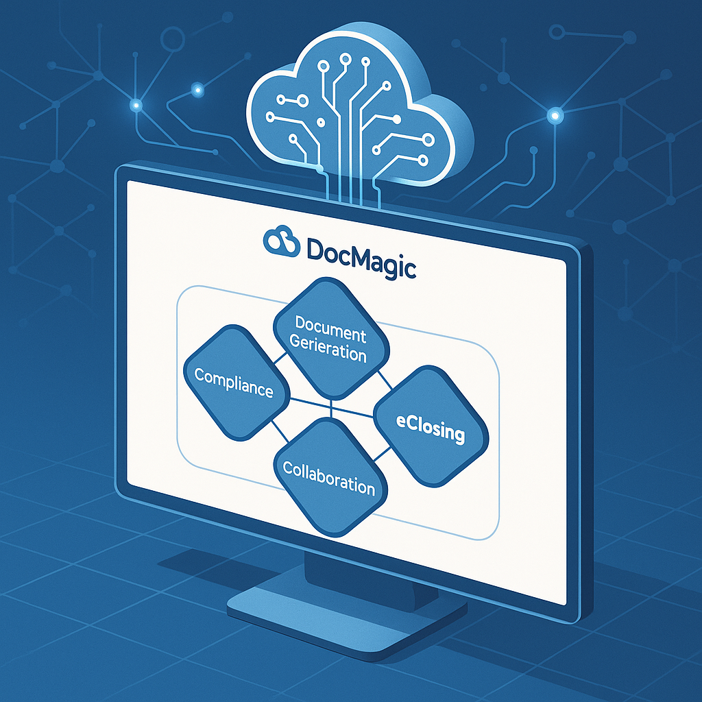 Isometric illustration of DocMagic AI mortgage workflow with connected nodes for doc generation, compliance, eClosing, collab