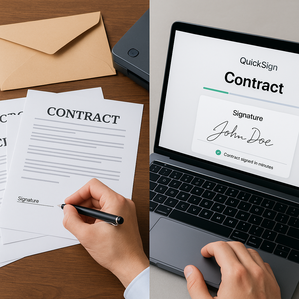 Split-screen of traditional paper contract signing on cluttered desk vs modern QuickSign-style e-signature completed in minut