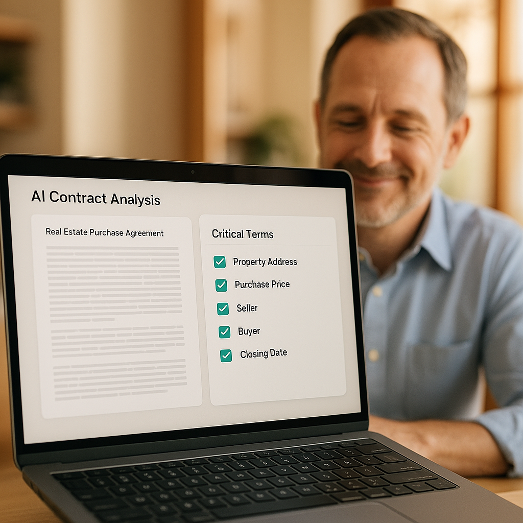 Close-up of AI contract analysis dashboard turning dense real estate contract into checklist, small brokerage owner relieved