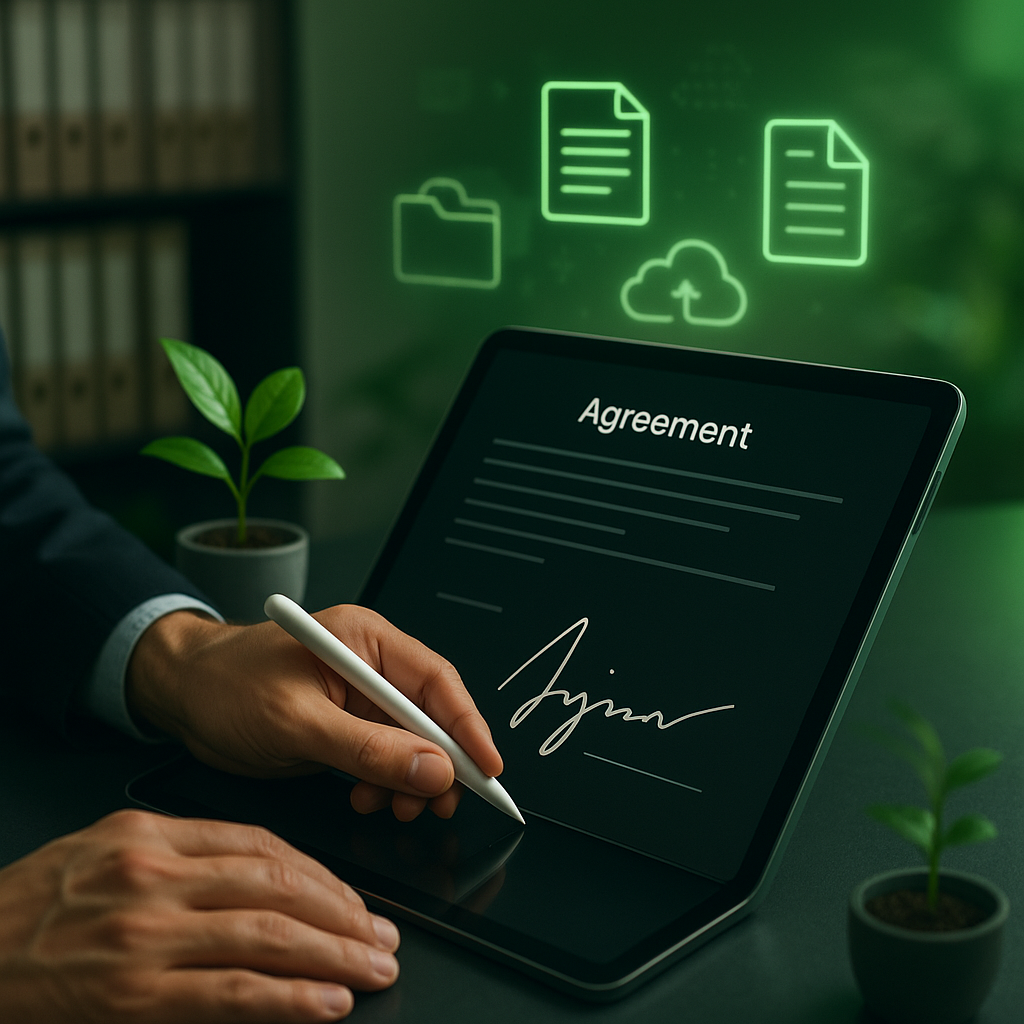 Close-up of professional signing digital contract on tablet with stylus, paper files fading to digital icons, green accents i