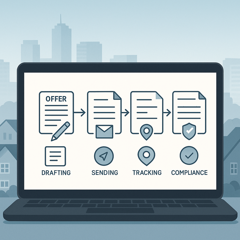 Flat illustration of modern real estate transaction pipeline on laptop with document flow, icons for drafting, sending, track