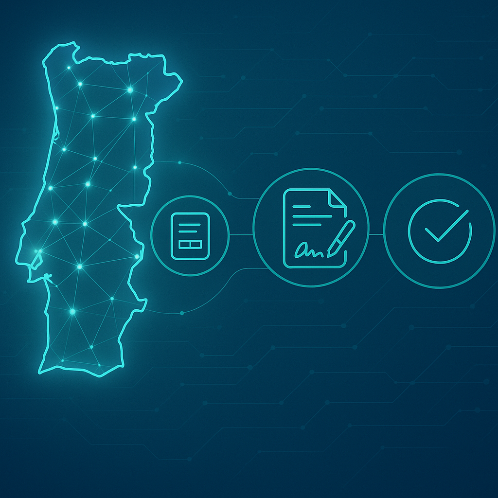 Abstract blue-green tech illustration of Portugal map with data lines, e-invoice, e-signature and compliance icons for digita